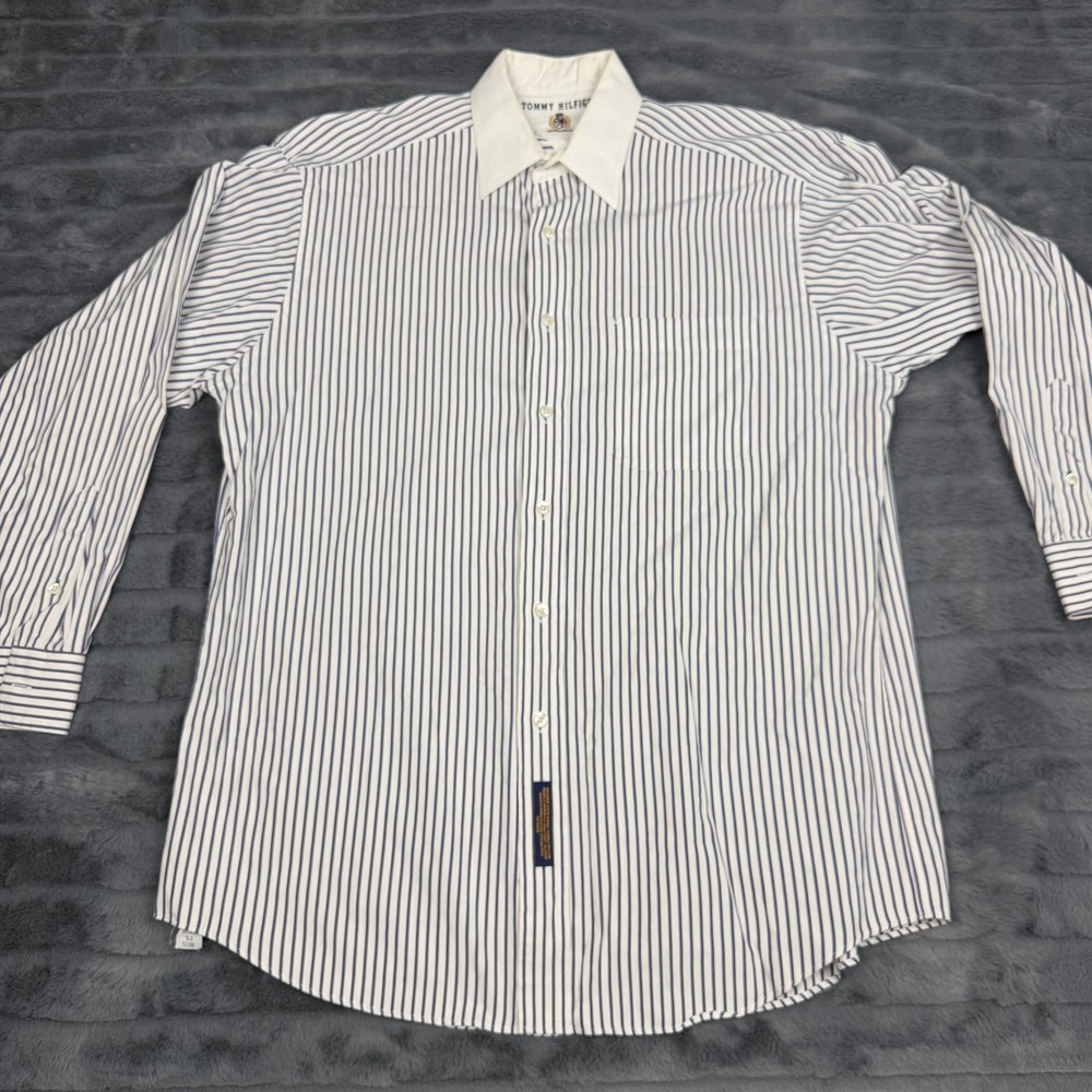 Tommy Hilfiger Mens Striped Button Down Shirt Navy White Contrast Collar 14540